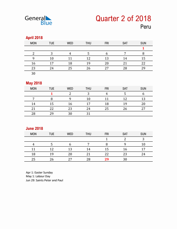 Printable Three Month Calendar with Peru Holidays