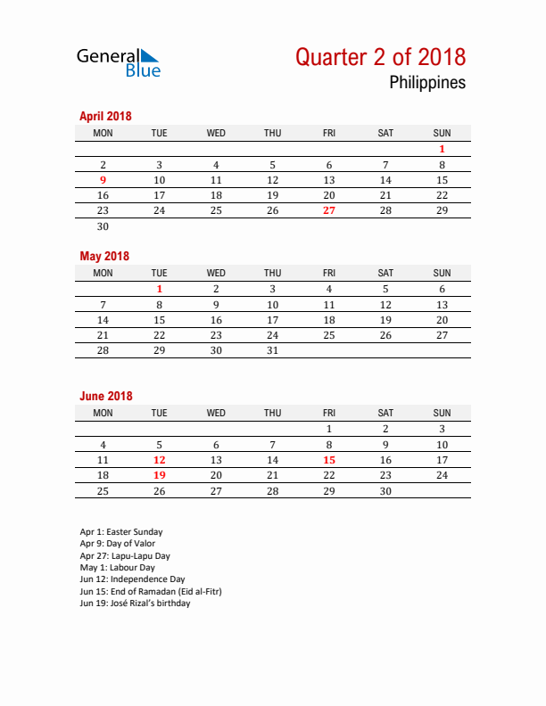 Printable Three Month Calendar with Philippines Holidays