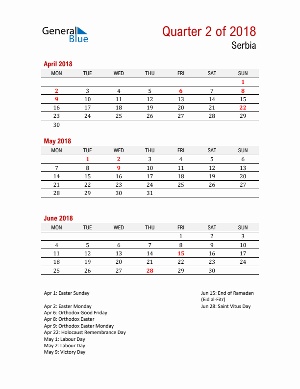 Printable Three Month Calendar with Serbia Holidays