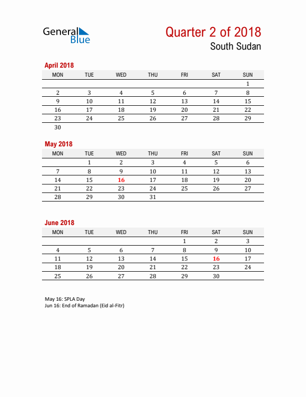 Printable Three Month Calendar with South Sudan Holidays