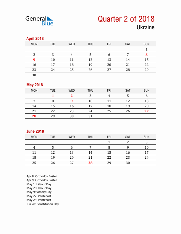 Printable Three Month Calendar with Ukraine Holidays