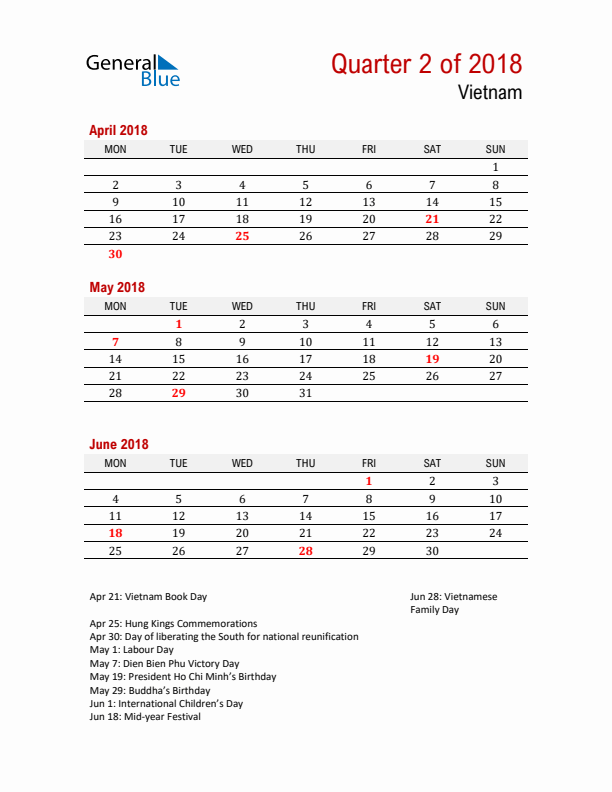 Printable Three Month Calendar with Vietnam Holidays