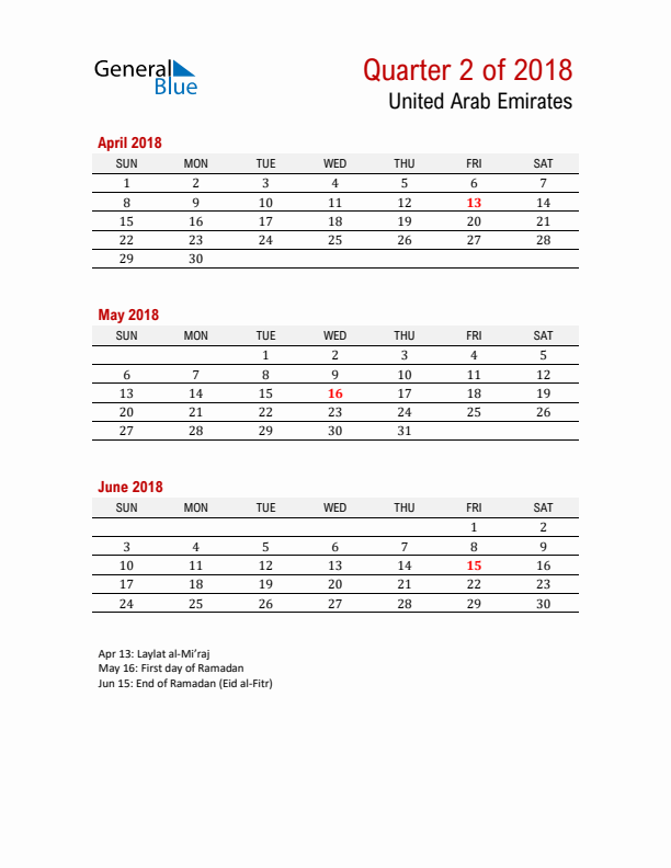 Printable Three Month Calendar with United Arab Emirates Holidays