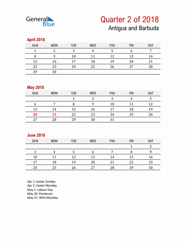 Printable Three Month Calendar with Antigua and Barbuda Holidays