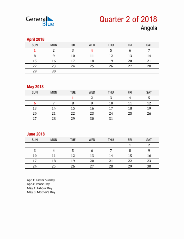 Printable Three Month Calendar with Angola Holidays