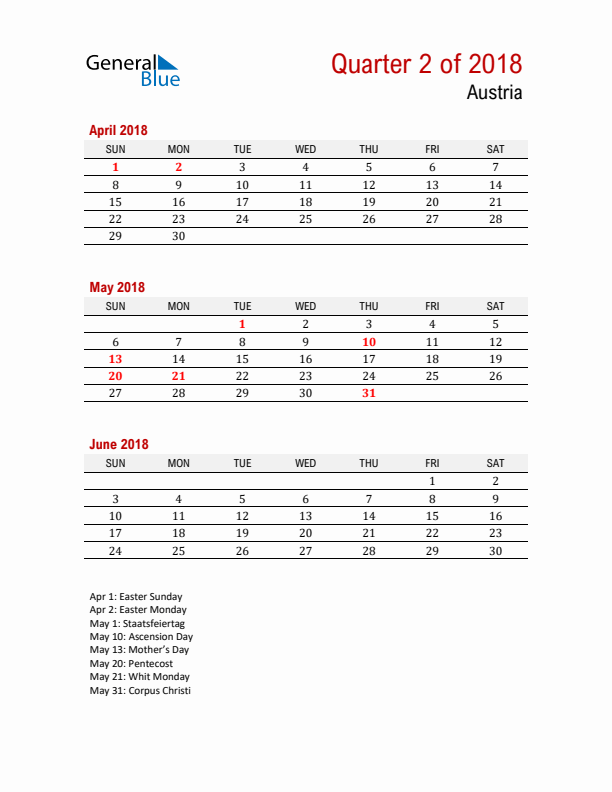 Printable Three Month Calendar with Austria Holidays