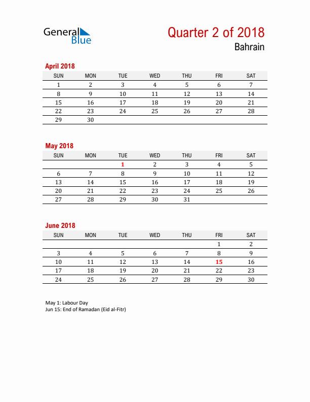 Printable Three Month Calendar with Bahrain Holidays