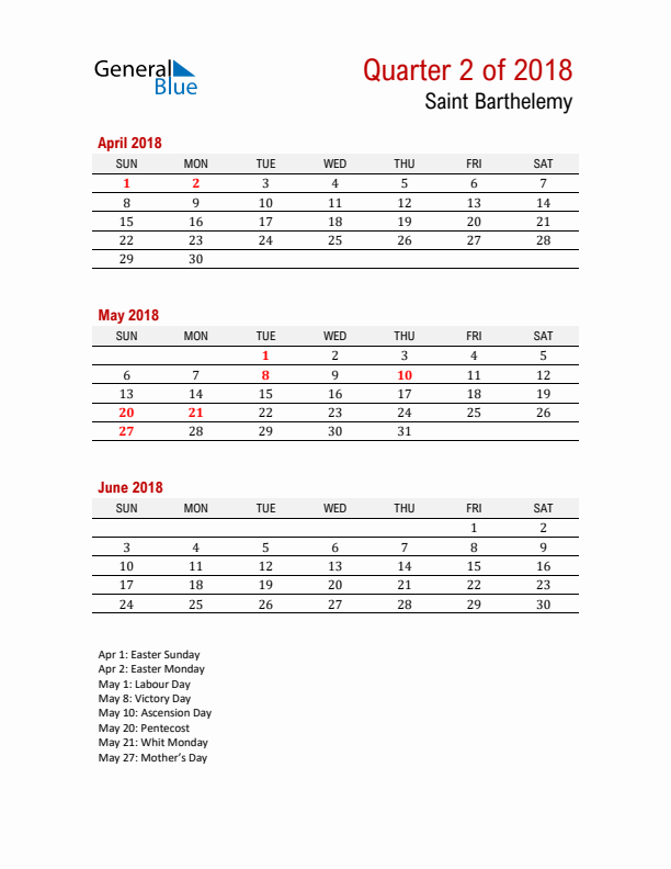 Printable Three Month Calendar with Saint Barthelemy Holidays