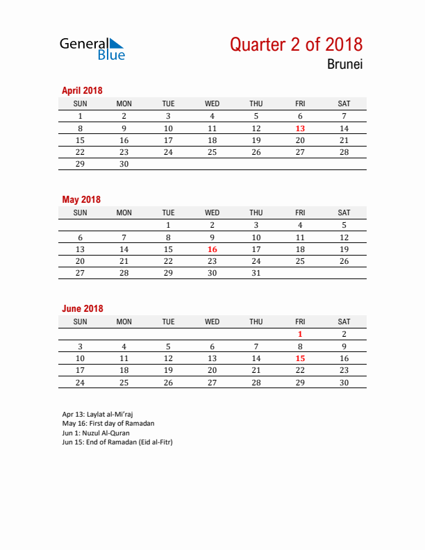 Printable Three Month Calendar with Brunei Holidays