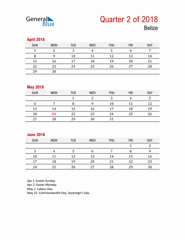 Printable Three Month Calendar with Belize Holidays