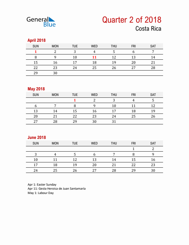 Printable Three Month Calendar with Costa Rica Holidays