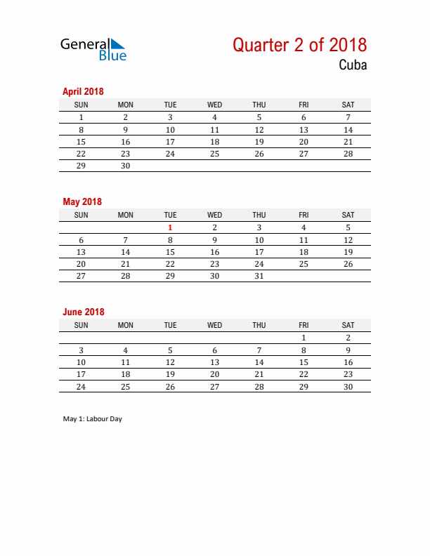 Printable Three Month Calendar with Cuba Holidays