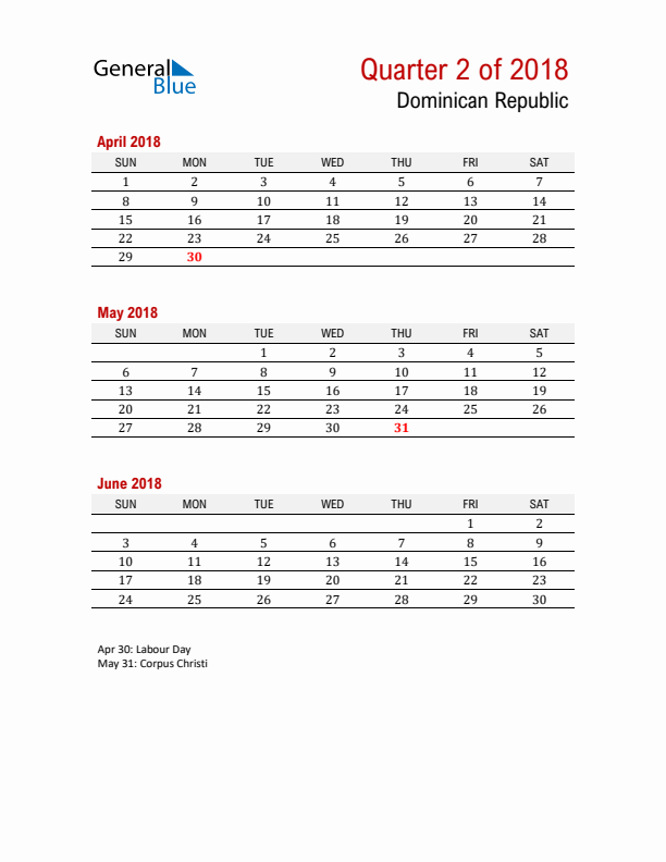 Printable Three Month Calendar with Dominican Republic Holidays