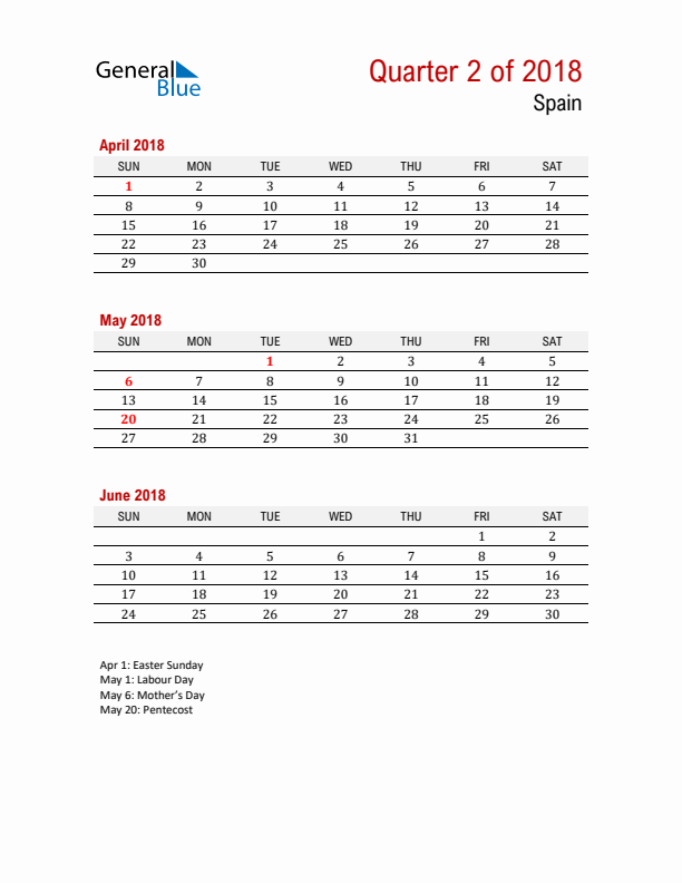 Printable Three Month Calendar with Spain Holidays