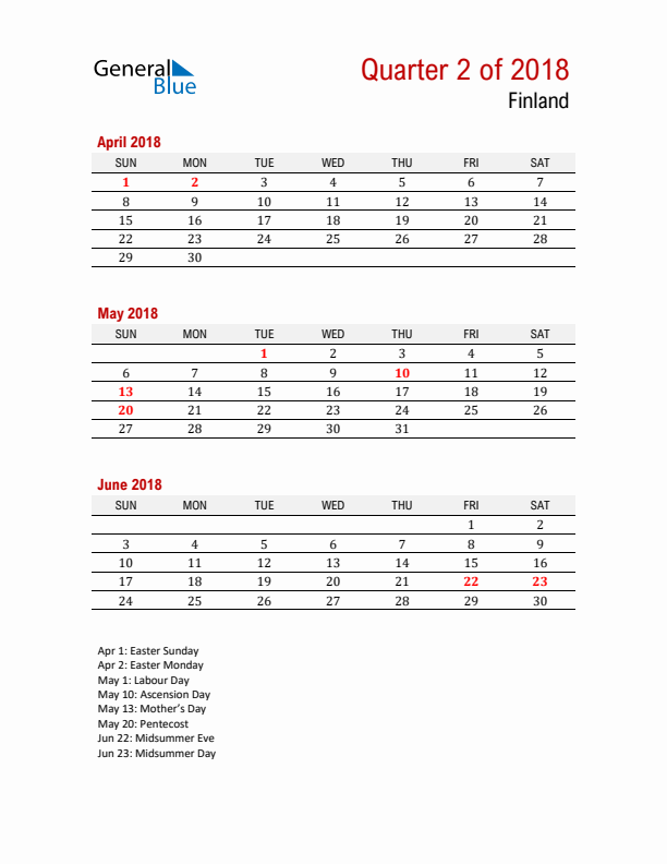 Printable Three Month Calendar with Finland Holidays