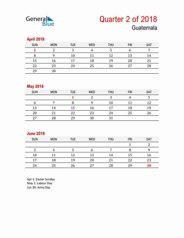 Printable Three Month Calendar with Guatemala Holidays