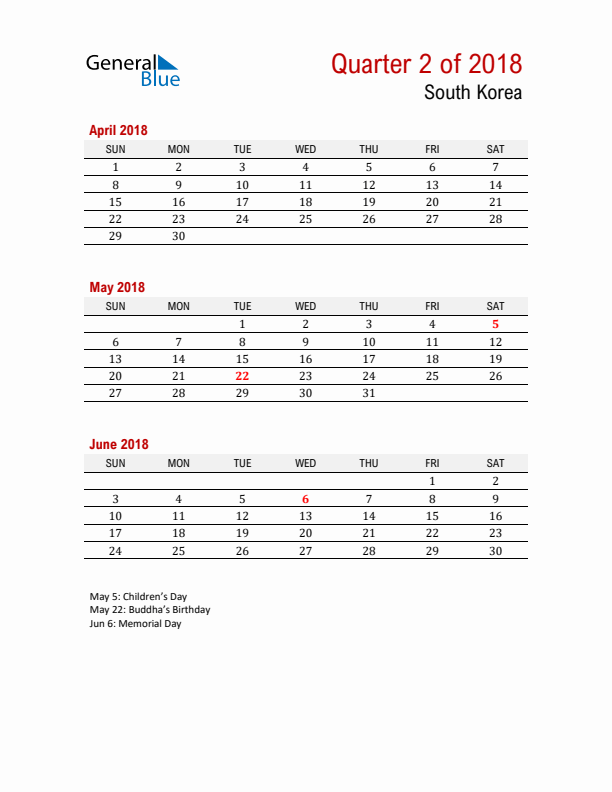 Printable Three Month Calendar with South Korea Holidays