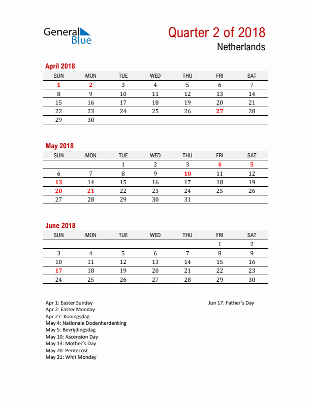 Printable Three Month Calendar with The Netherlands Holidays