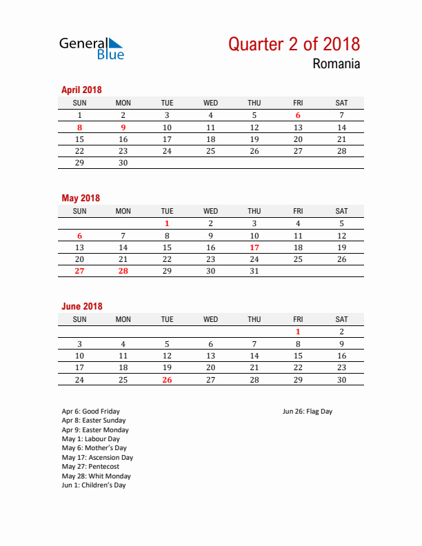 Printable Three Month Calendar with Romania Holidays