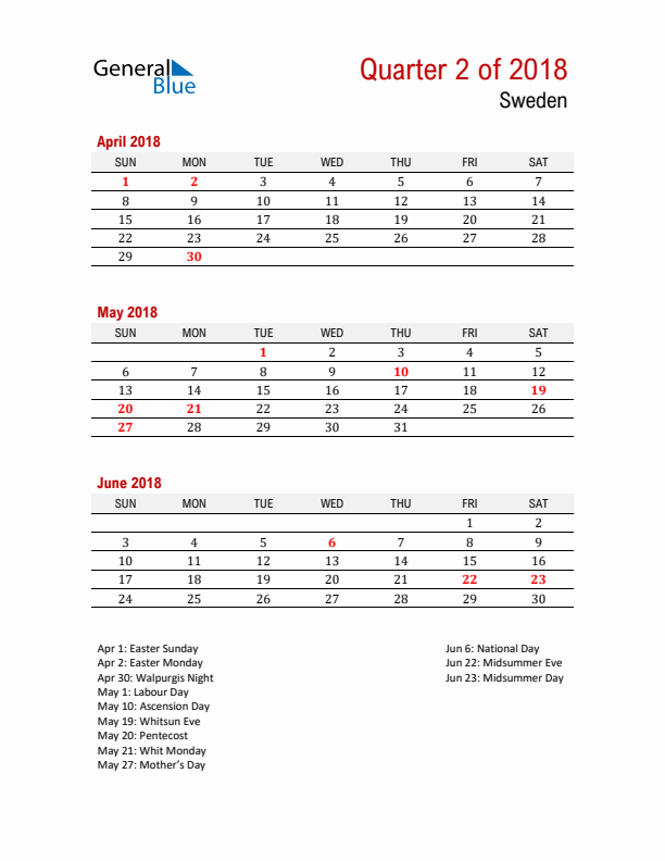 Printable Three Month Calendar with Sweden Holidays