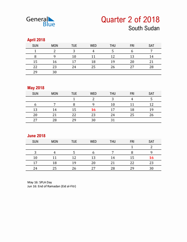 Printable Three Month Calendar with South Sudan Holidays