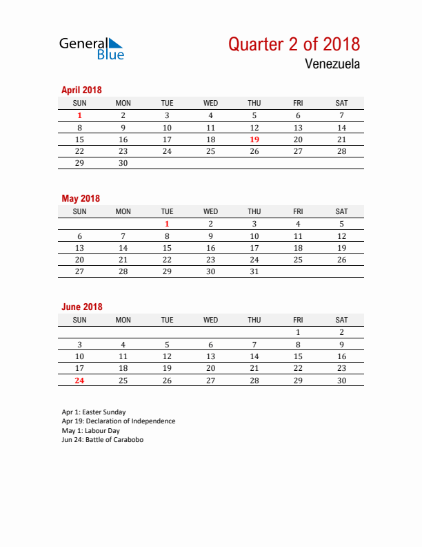 Printable Three Month Calendar with Venezuela Holidays