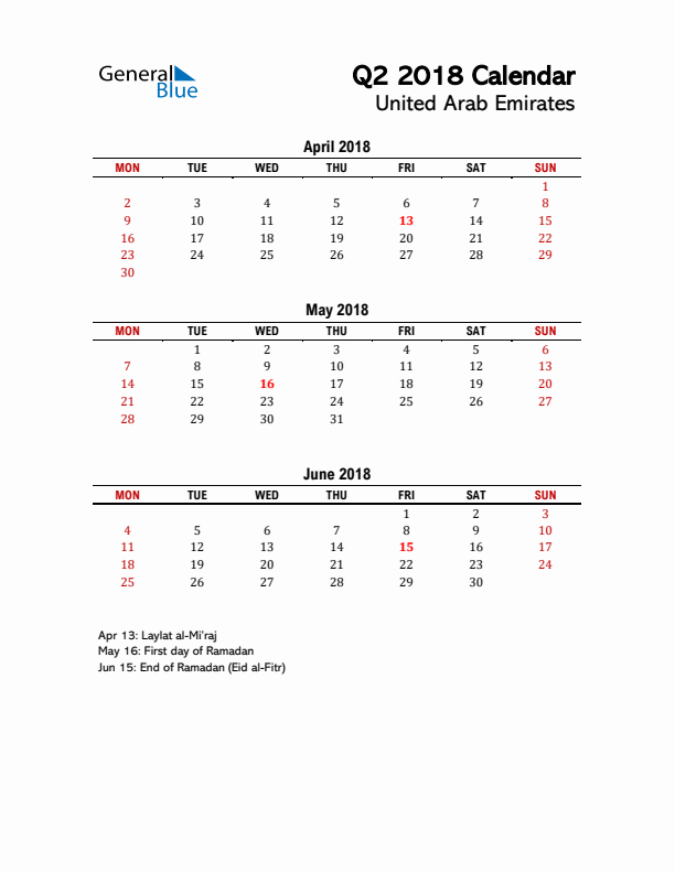 2018 Q2 Calendar with Holidays List for United Arab Emirates