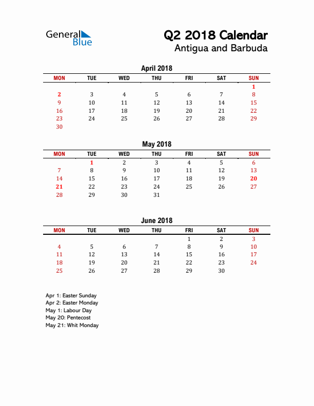 2018 Q2 Calendar with Holidays List for Antigua and Barbuda