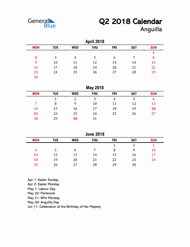 2018 Q2 Calendar with Holidays List for Anguilla