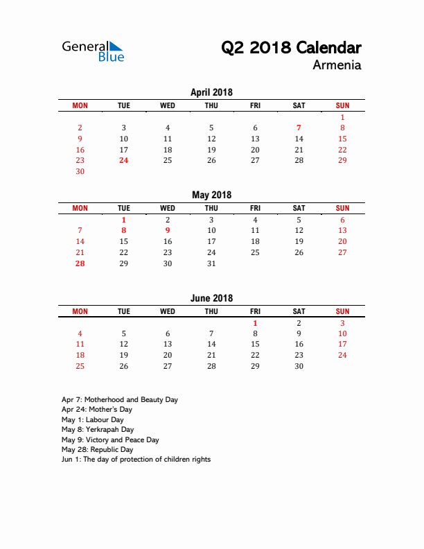 2018 Q2 Calendar with Holidays List for Armenia