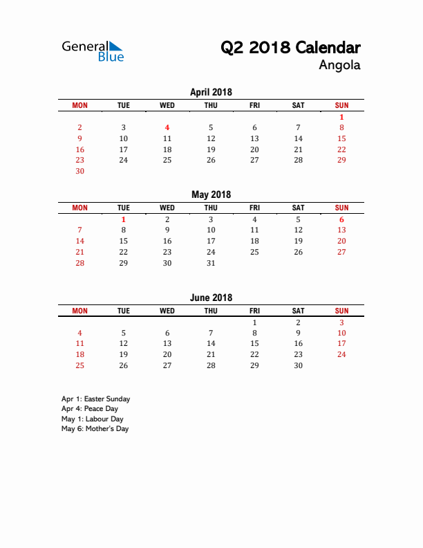 2018 Q2 Calendar with Holidays List for Angola