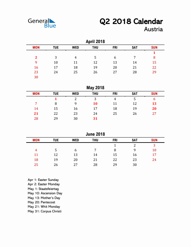 2018 Q2 Calendar with Holidays List for Austria