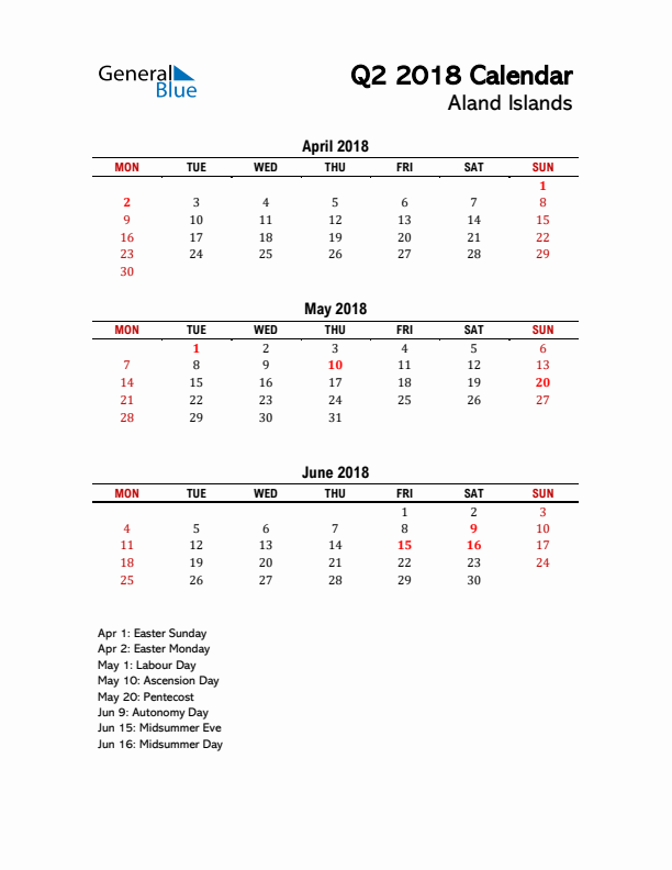 2018 Q2 Calendar with Holidays List for Aland Islands