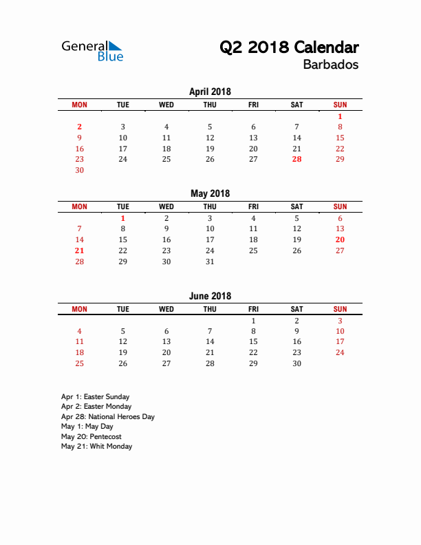 2018 Q2 Calendar with Holidays List for Barbados