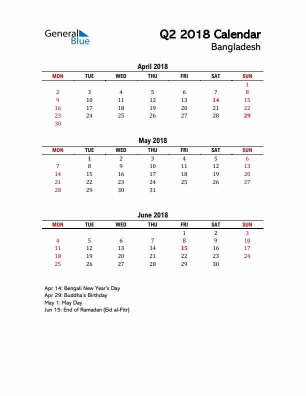 2018 Q2 Calendar with Holidays List for Bangladesh