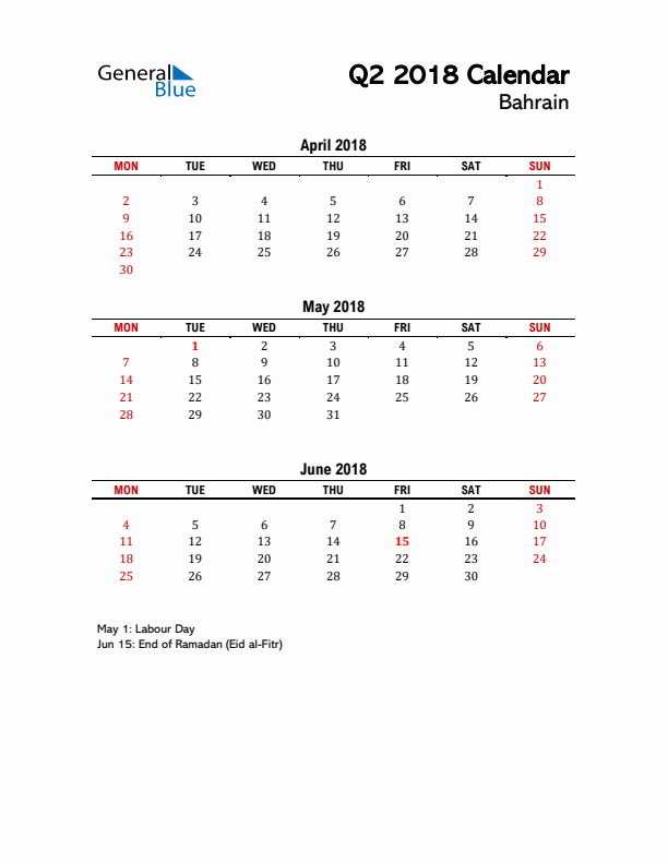 2018 Q2 Calendar with Holidays List for Bahrain