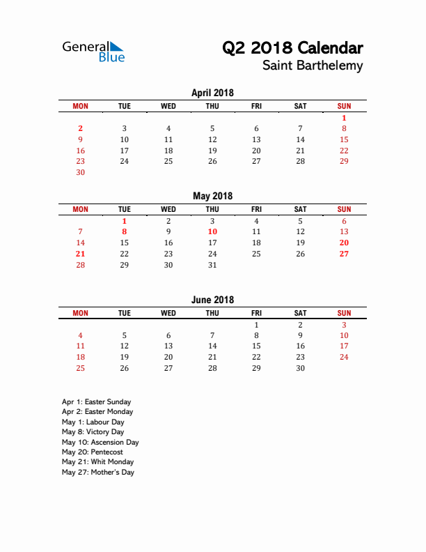 2018 Q2 Calendar with Holidays List for Saint Barthelemy