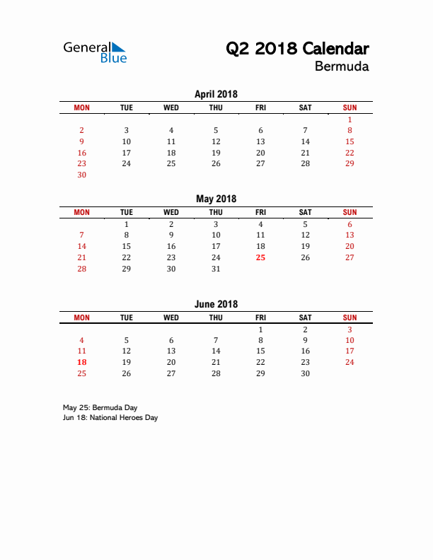 2018 Q2 Calendar with Holidays List for Bermuda