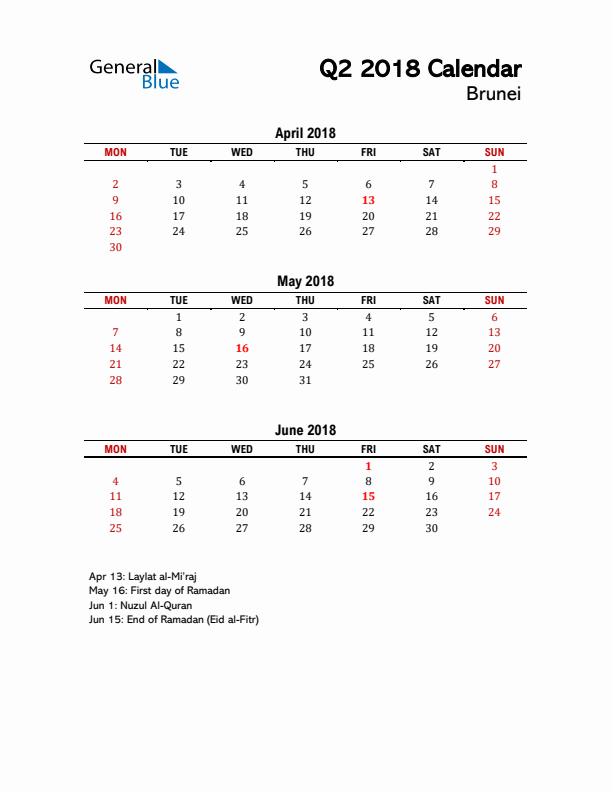 2018 Q2 Calendar with Holidays List for Brunei