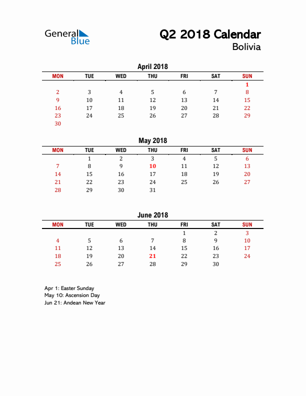 2018 Q2 Calendar with Holidays List for Bolivia