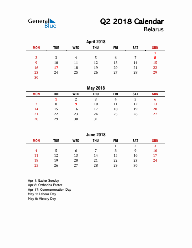 2018 Q2 Calendar with Holidays List for Belarus