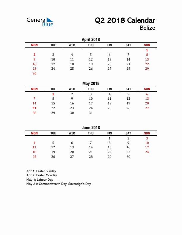 2018 Q2 Calendar with Holidays List for Belize