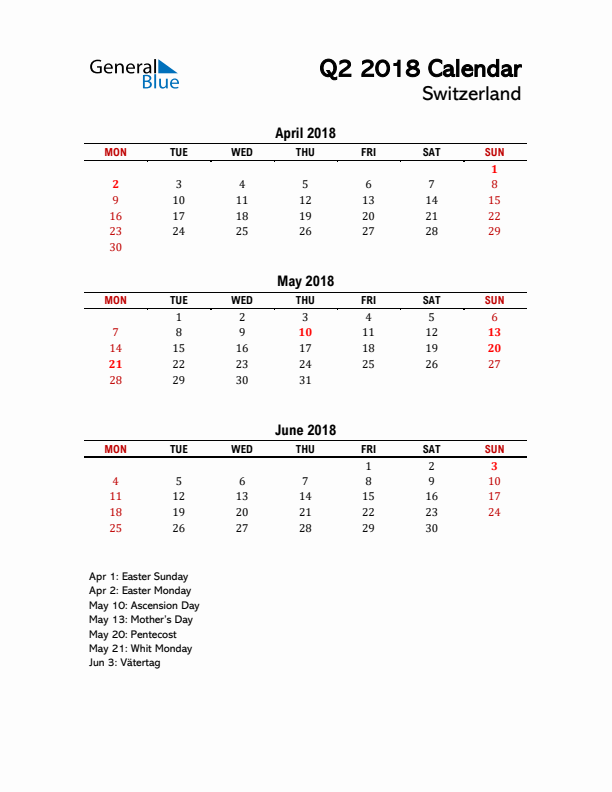 2018 Q2 Calendar with Holidays List for Switzerland