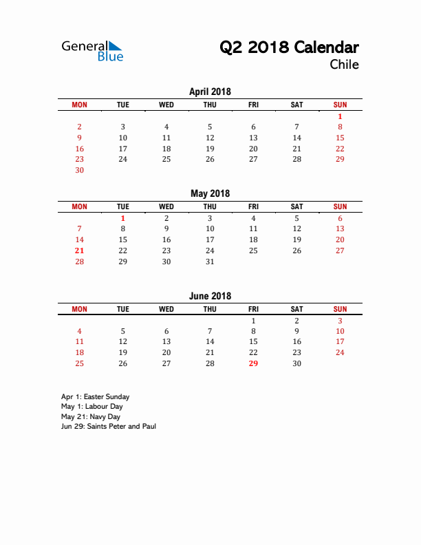 2018 Q2 Calendar with Holidays List for Chile