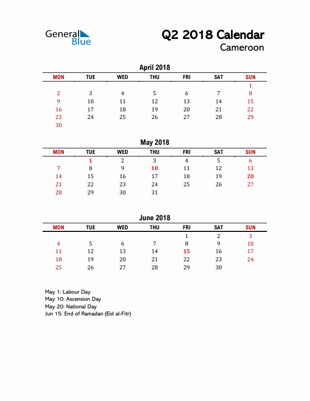 2018 Q2 Calendar with Holidays List for Cameroon