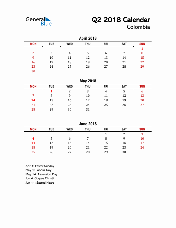 2018 Q2 Calendar with Holidays List for Colombia