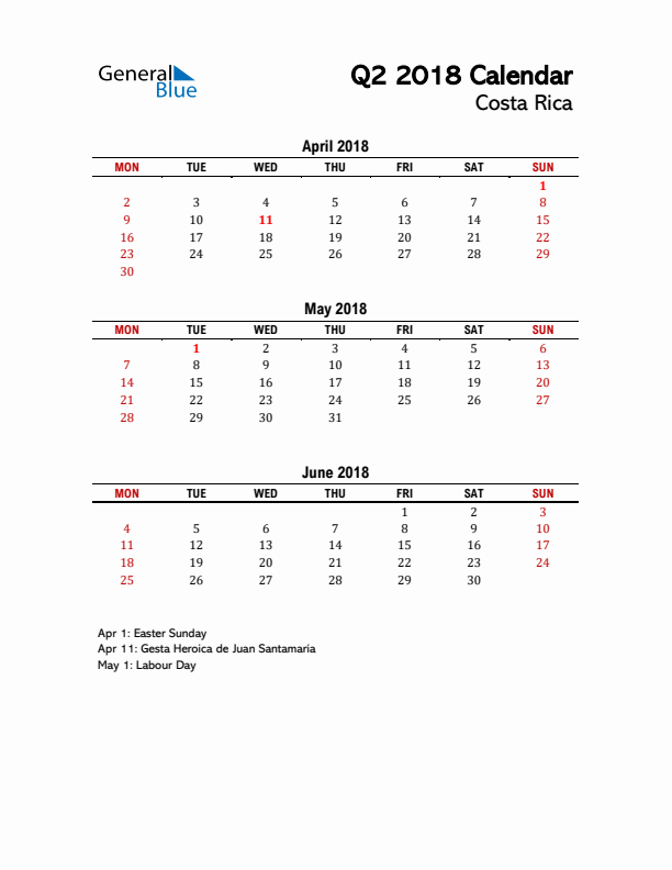 2018 Q2 Calendar with Holidays List for Costa Rica