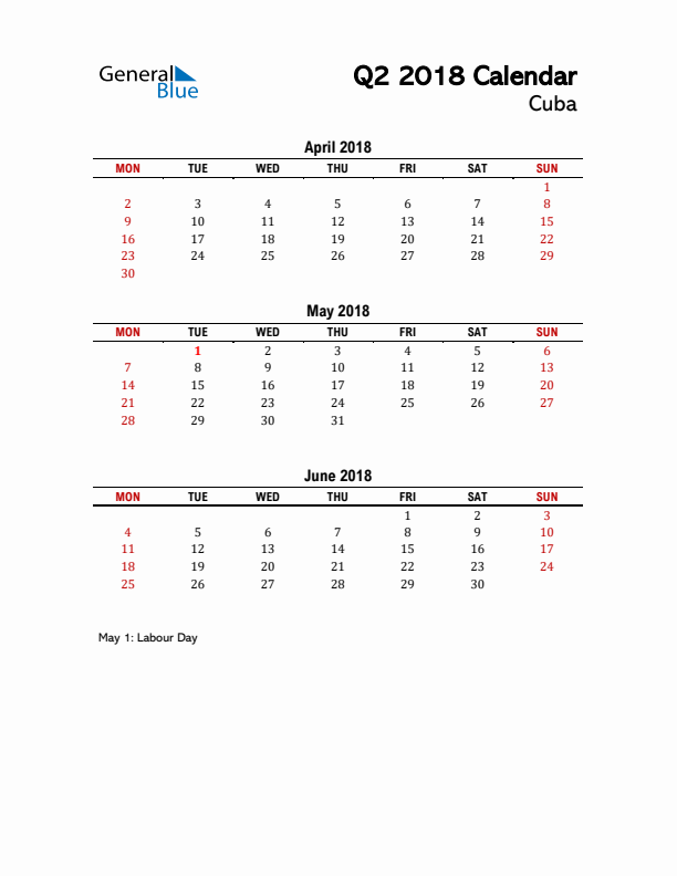 2018 Q2 Calendar with Holidays List for Cuba