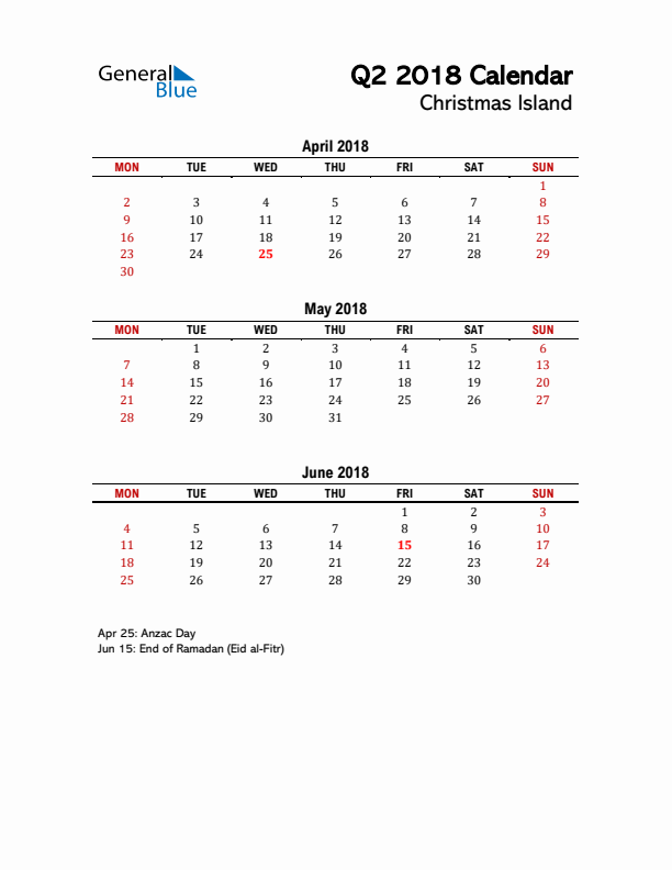 2018 Q2 Calendar with Holidays List for Christmas Island