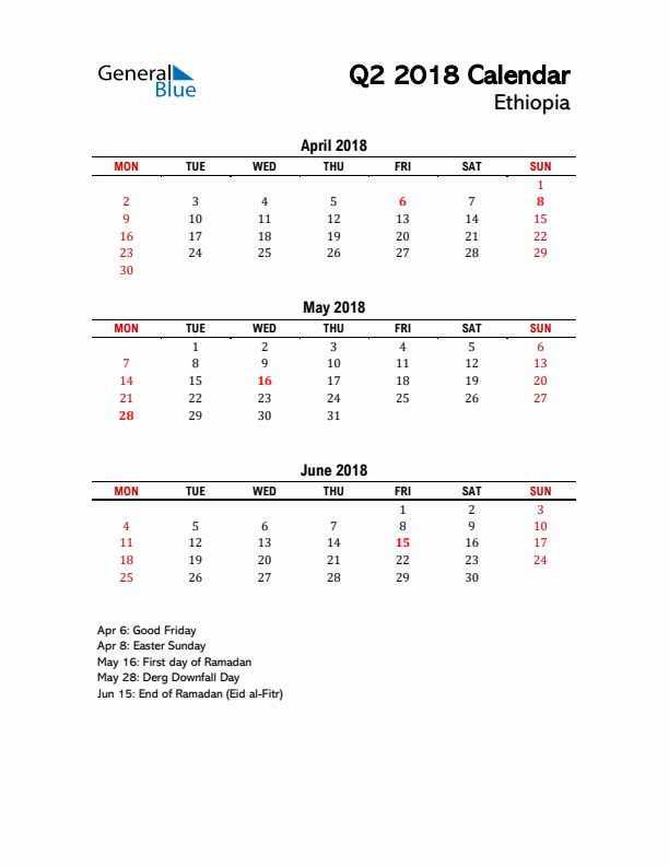 2018 Q2 Calendar with Holidays List for Ethiopia